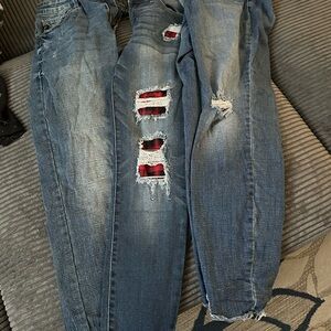 Distressed Denim Jeans with Red Plaid Accents lot of 3